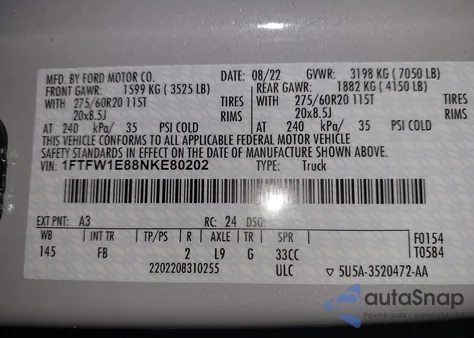 2022 Ford F-150 Xlt z USA, uszkodzony, nr VIN 1FTFW1E88NKE80202